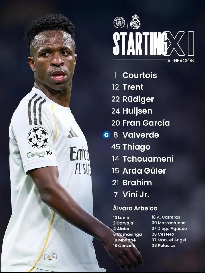 Real Madrid Starting XI. Mbappe on the bench, no Jude