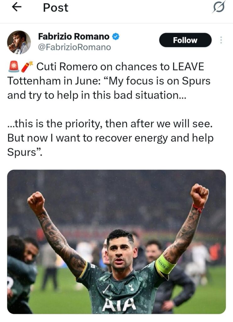 🚨🧨 Cuti Romero on chances to LEAVE Tottenham in June: “My focus is on Spurs and try to help in this bad situation… …this is the priority, then after we will see. But now I want to recover energy and help Spurs”. ( Fabrizio on X)