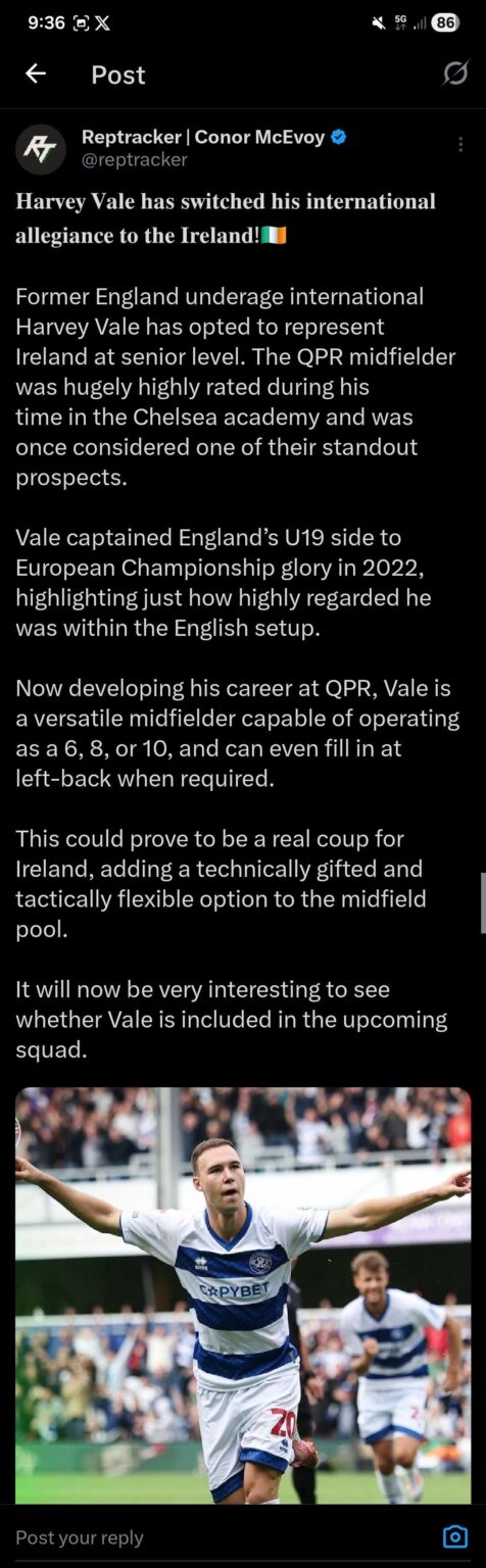 Former Chelsea player Harvey Vale has switched international allegiance to Ireland