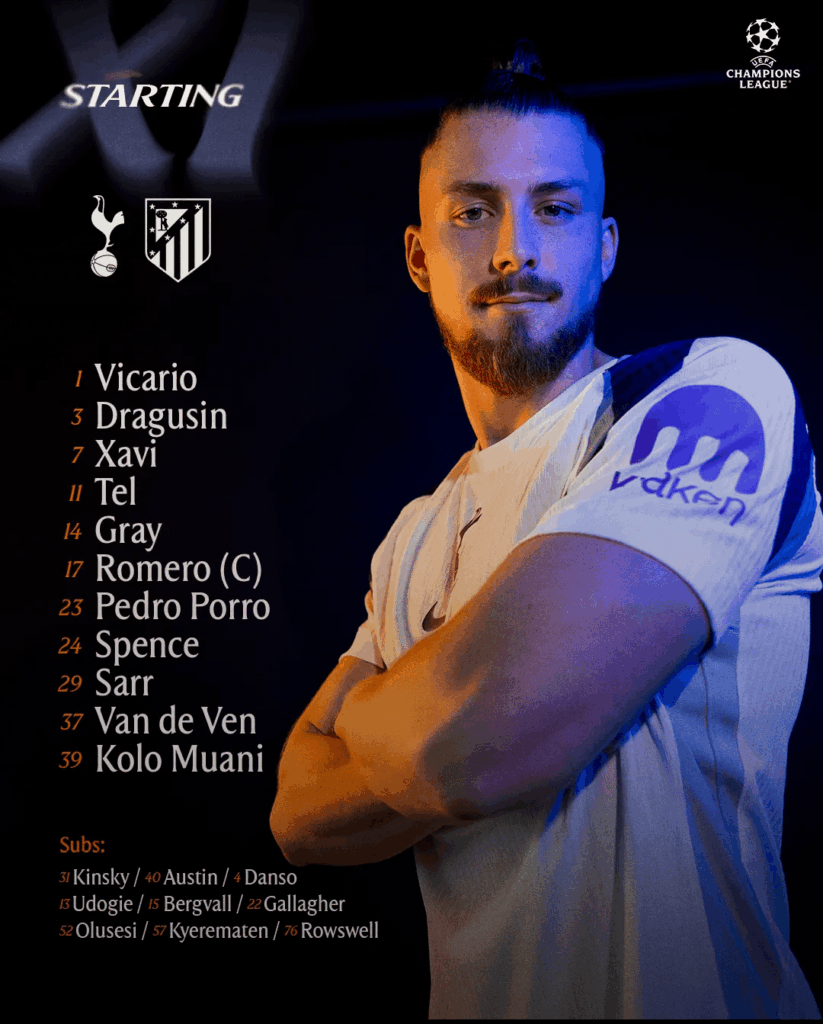 (Champions League) Tottenham Hotspur starting XI vs Atlético de Madrid: Vicario, Porro, Dragusin, Romero, VDV, Spence, Sarr, Gray, Xavi, Tel, RKM,