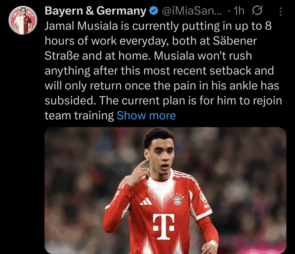 Jamal Musiala is currently putting in up to 8 hours of work everyday, both at Säbener Straße and at home. Musiala won't rush anything after this most recent setback and will only return once the pain in his ankle has subsided.
