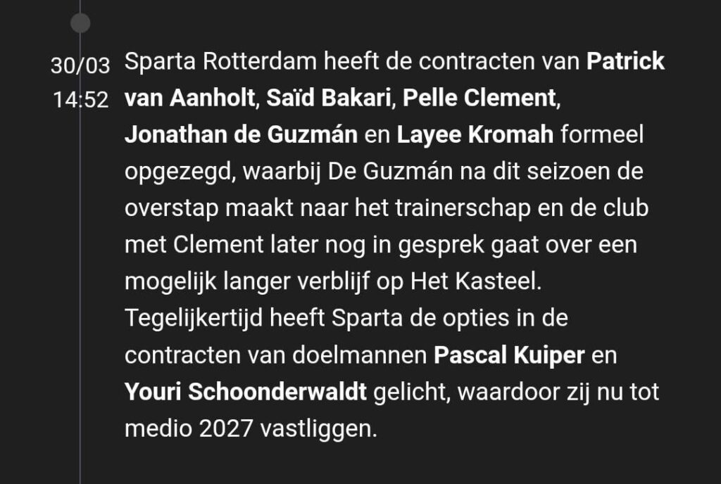 [VI] Sparta zegt contracten spelers op, gaan nog wel in gesprek met Clement.