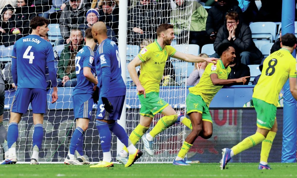Norwich City’s Ali Ahmed, right, celebrates scoring their clinching second goal