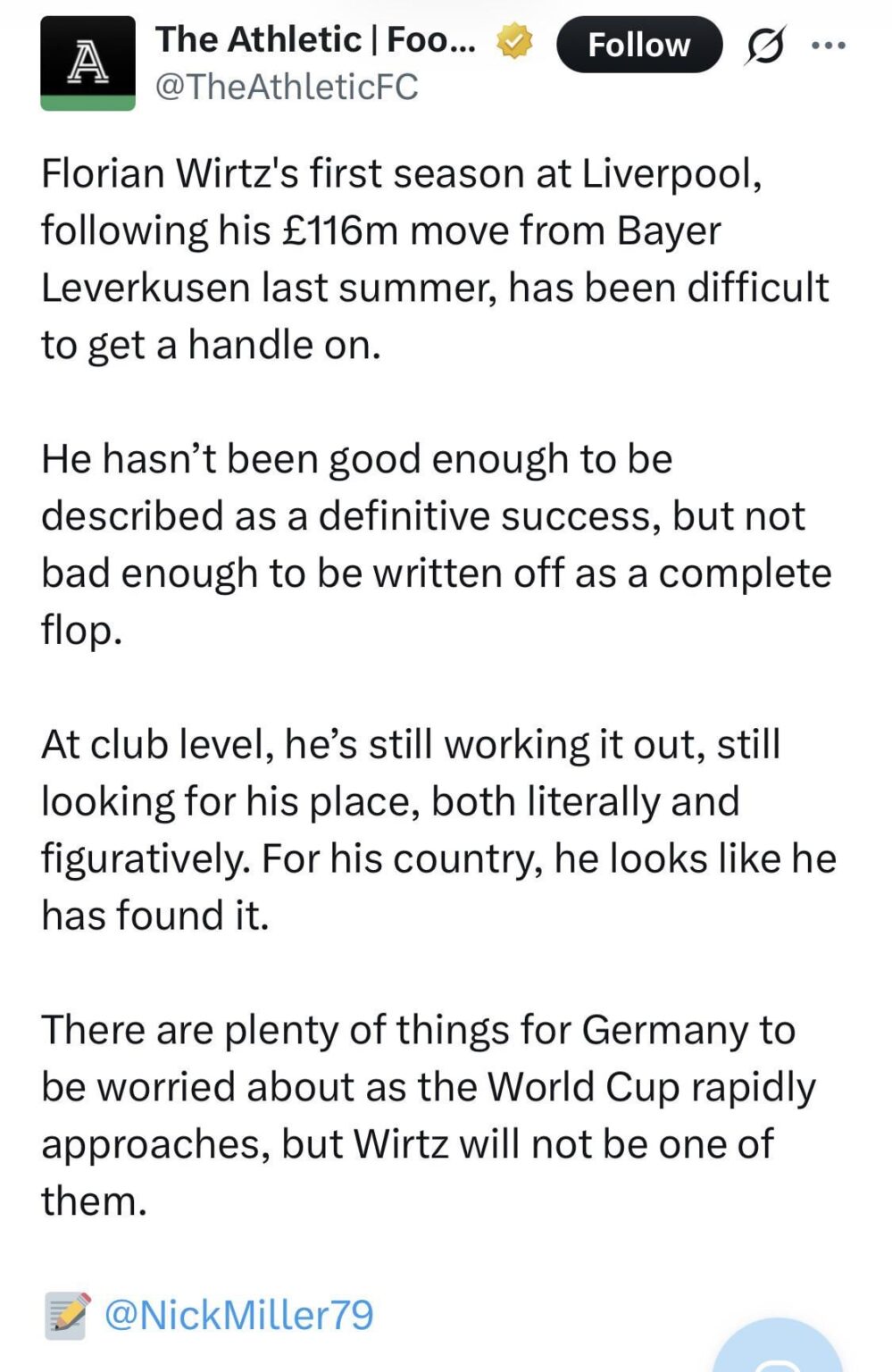 [The Athletic] Florian Wirtz's first season at Liverpool, following his £116m move from Bayer Leverkusen last summer, has been difficult to get a handle on.
