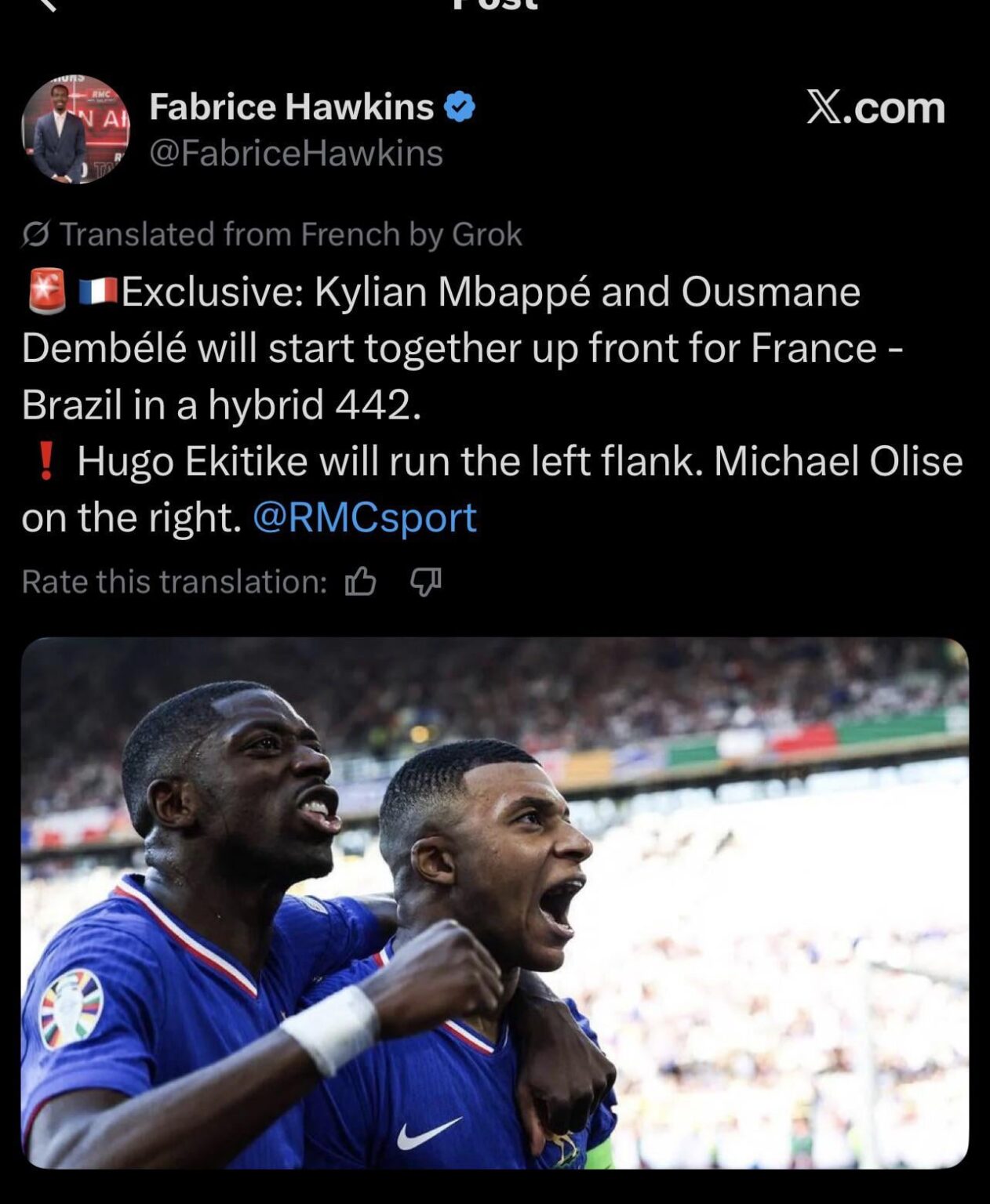 [Fabrice Hawkins] Hugo Ekitike starts and will play as a LW.