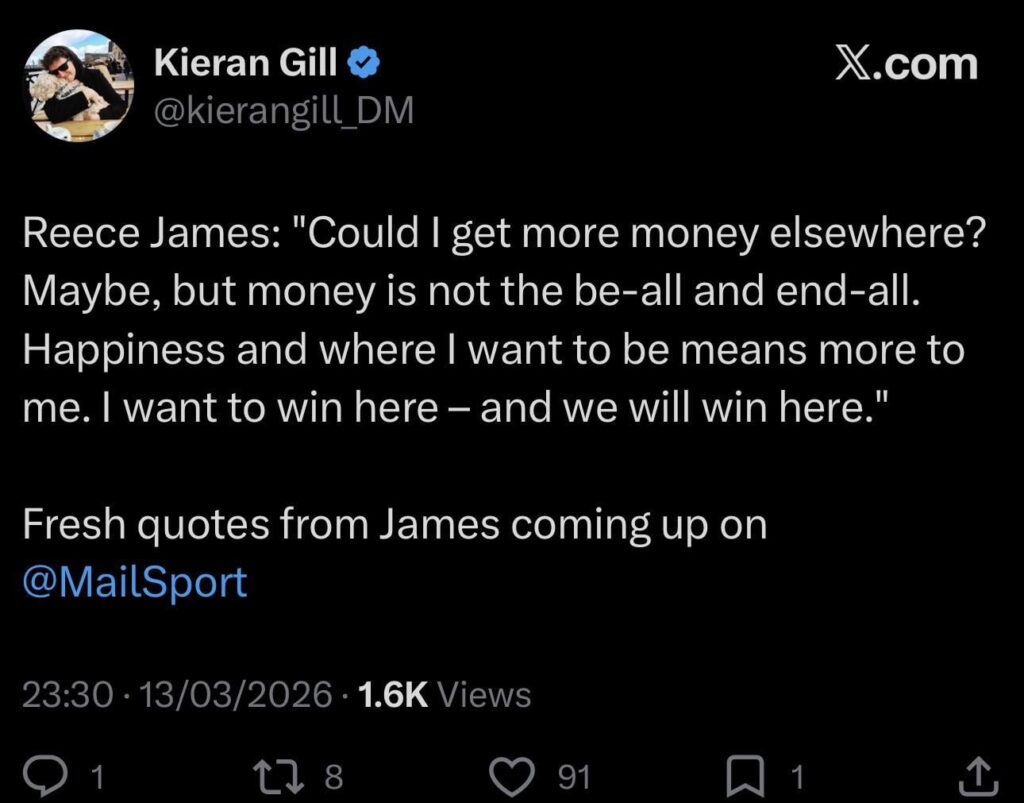 [Kieran Gill] Reece James: "Could I get more money elsewhere? Maybe, but money is not the be-all and end-all. Happiness and where I want to be means more to me. I want to win here – and we will win here."