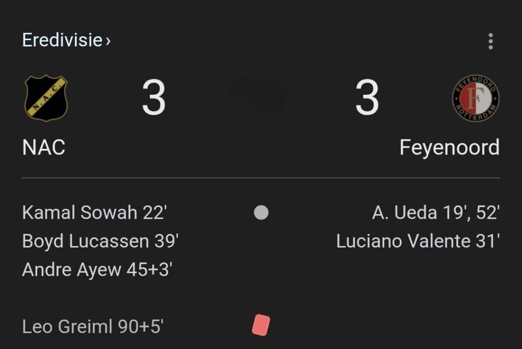 NAC speelt thuis gelijk met 3-3 in een spectaculaire wedstrijd tegen Feyenoord