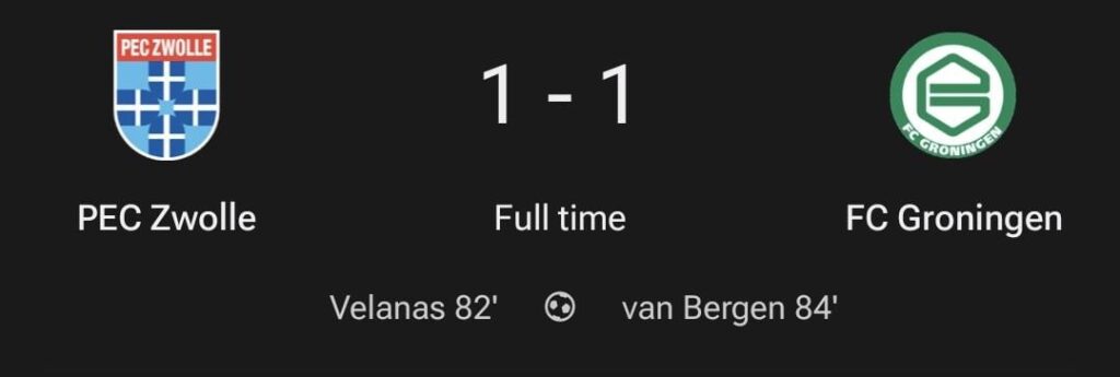 2 snelle doelpunten zorgen voor gelijkspel tussen Zwolle en Groningen
