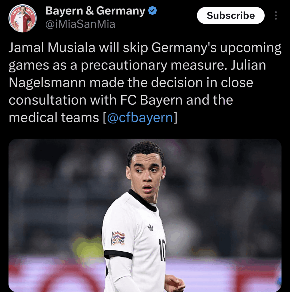 Jamal Musiala will skip Germany's upcoming games as a precautionary measure.