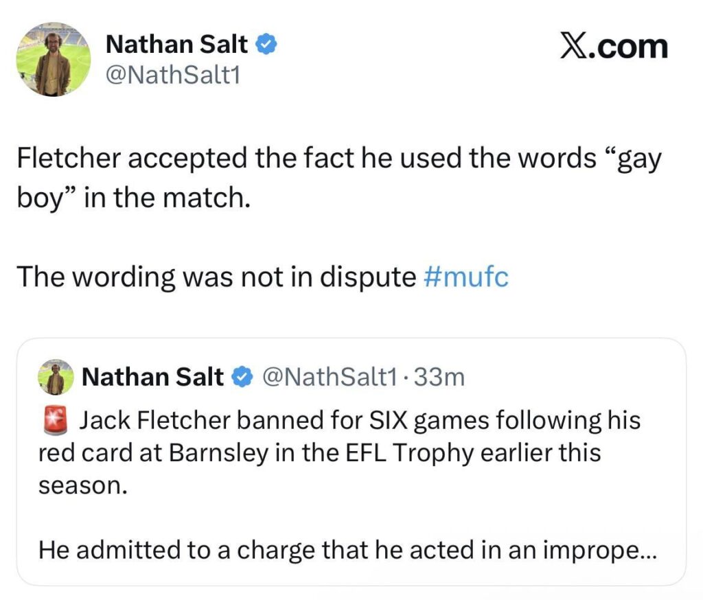 Jack Fletcher banned for 6 games following red card against Barnsley in the EFL trophy earlier this season.