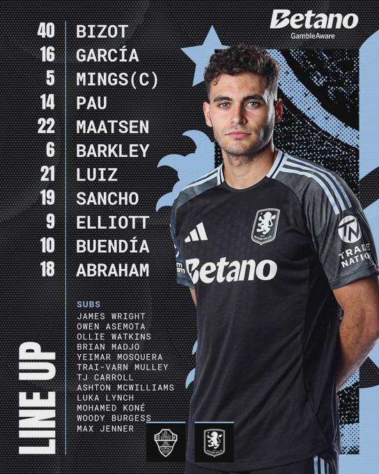 Lineup vs. Elche: Bizot, García, Mings (c), Pau, Maatsen, Barkley, Luiz, Sancho, Elliott, Buendía, Abraham (Game on VillaTV)