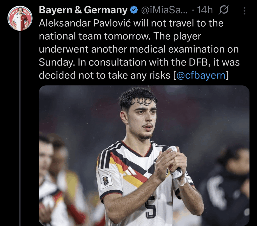 Aleksandar Pavlović will not travel to the national team tomorrow. The player underwent another medical examination on Sunday. In consultation with the DFB, it was decided not to take any risks. Angelo Stiller will be his replacement.