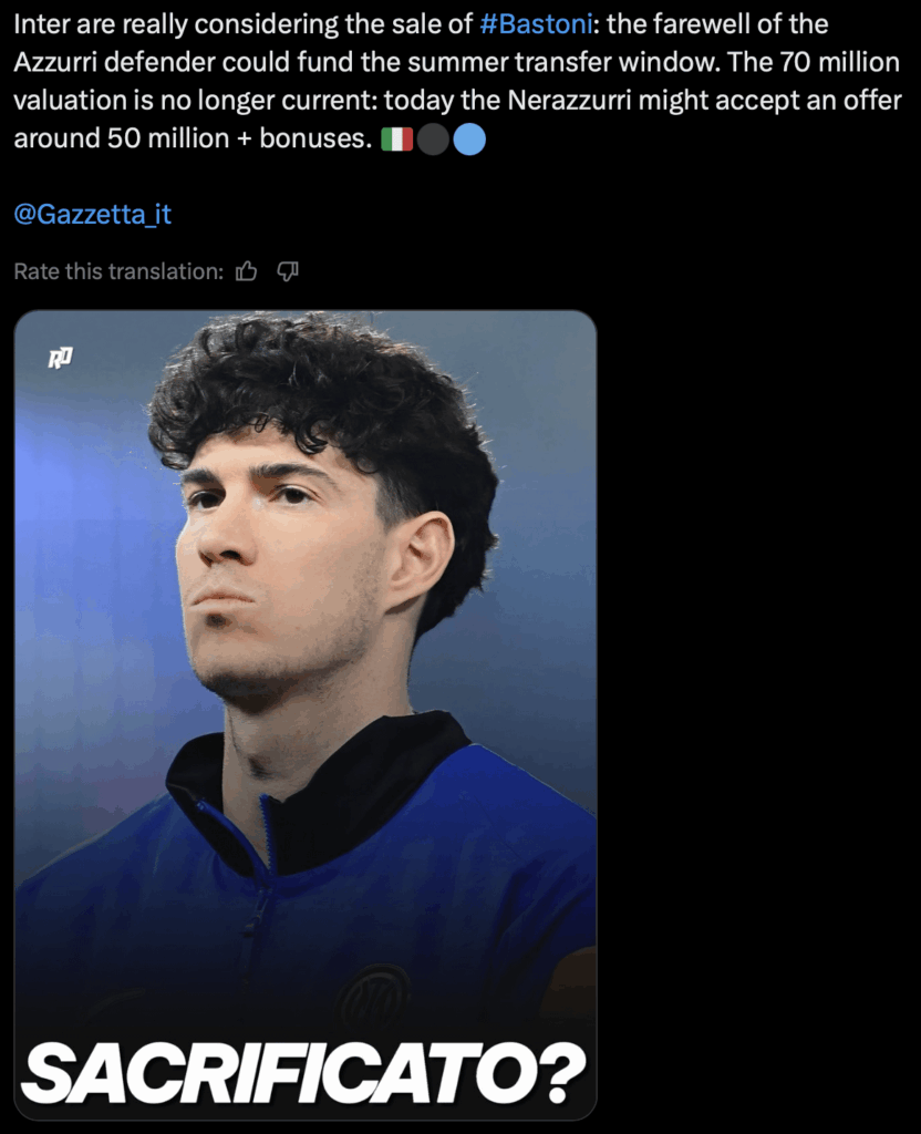 Look at the complete bullshit Gazzetta is spreading. Like at least make your lies a bit believable. 50 million + bonuses it seems 😂. Even the original 70 million valuation is too less for Bastoni.