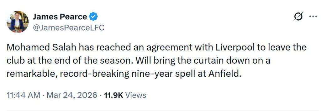 [JamesPearce] Mohamed Salah has reached an agreement with Liverpool to leave the club at the end of the season. Will bring the curtain down on a remarkable, record-breaking nine-year spell at Anfield.