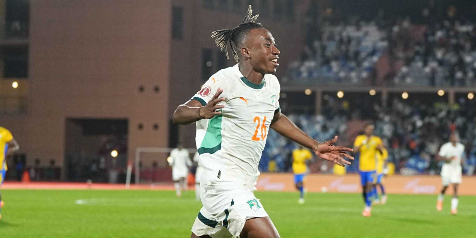 Yan Diomande of Ivory Coast celebrate during a 2025 AFCON Africa Cup of Nations game, Gabon vs Ivory Coast