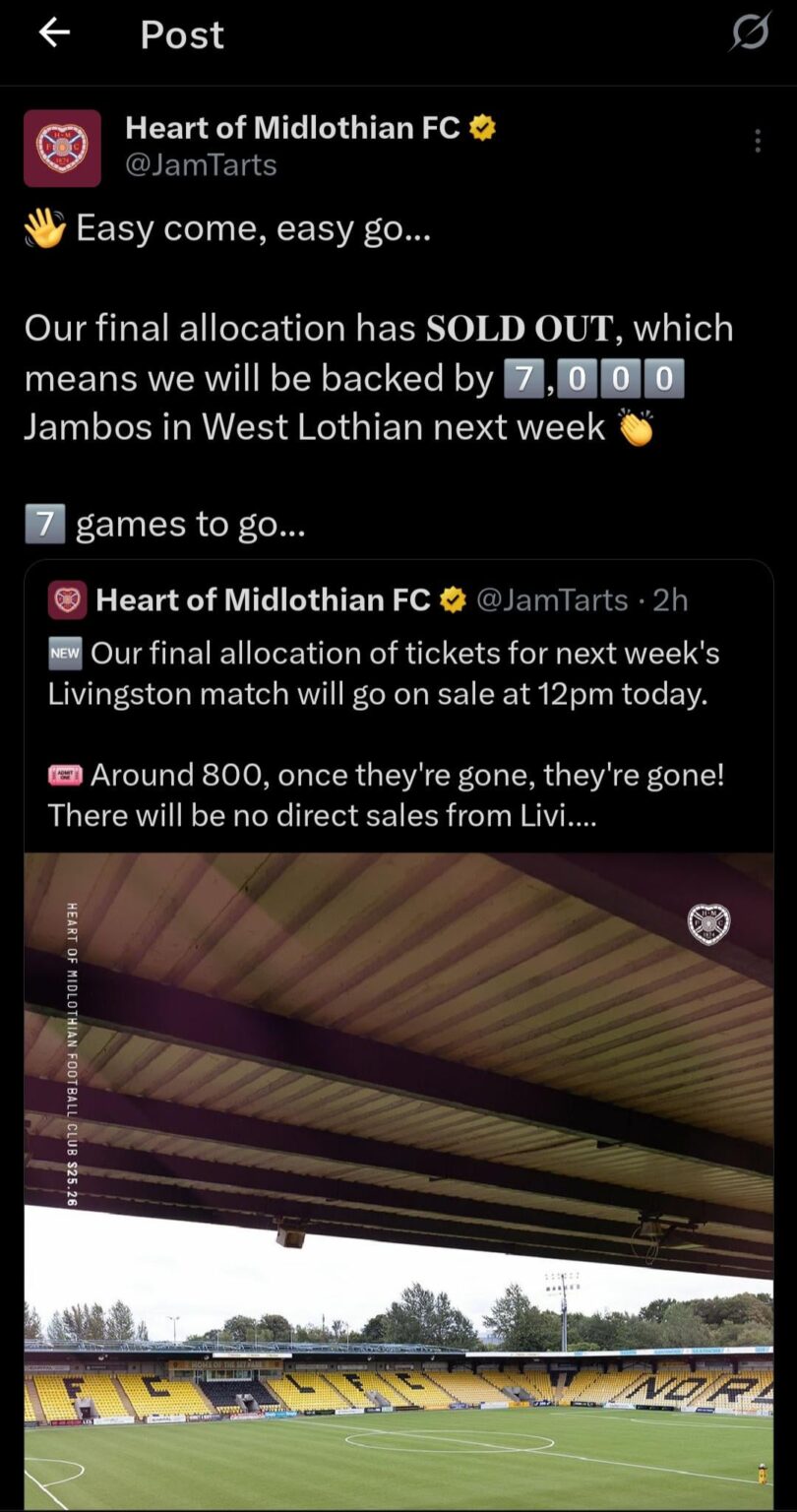 Hearts have sold 7,000 tickets for this Sunday's trip to Livingston