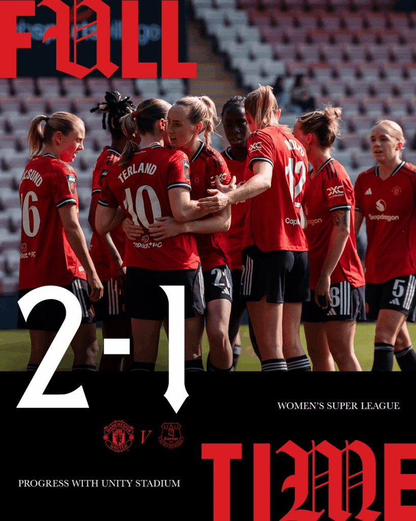 FT: Manchester United 2-1 Everton. Goals: Elisabeth Terland 38', Melvine Malard 90+4'. United find the winner in added on time to take all three points.