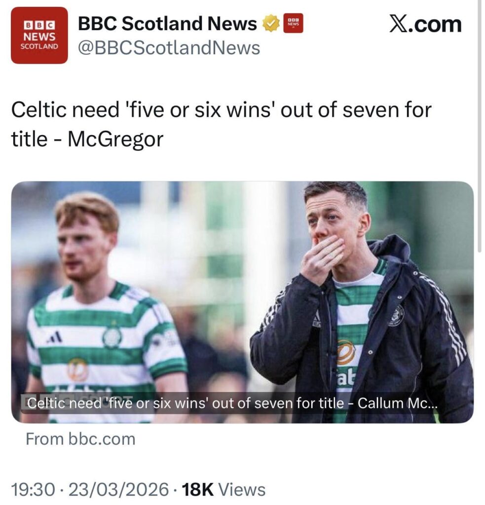 Callum McGregor: Celtic need “five or six wins” from their remaining 7 games to win the title