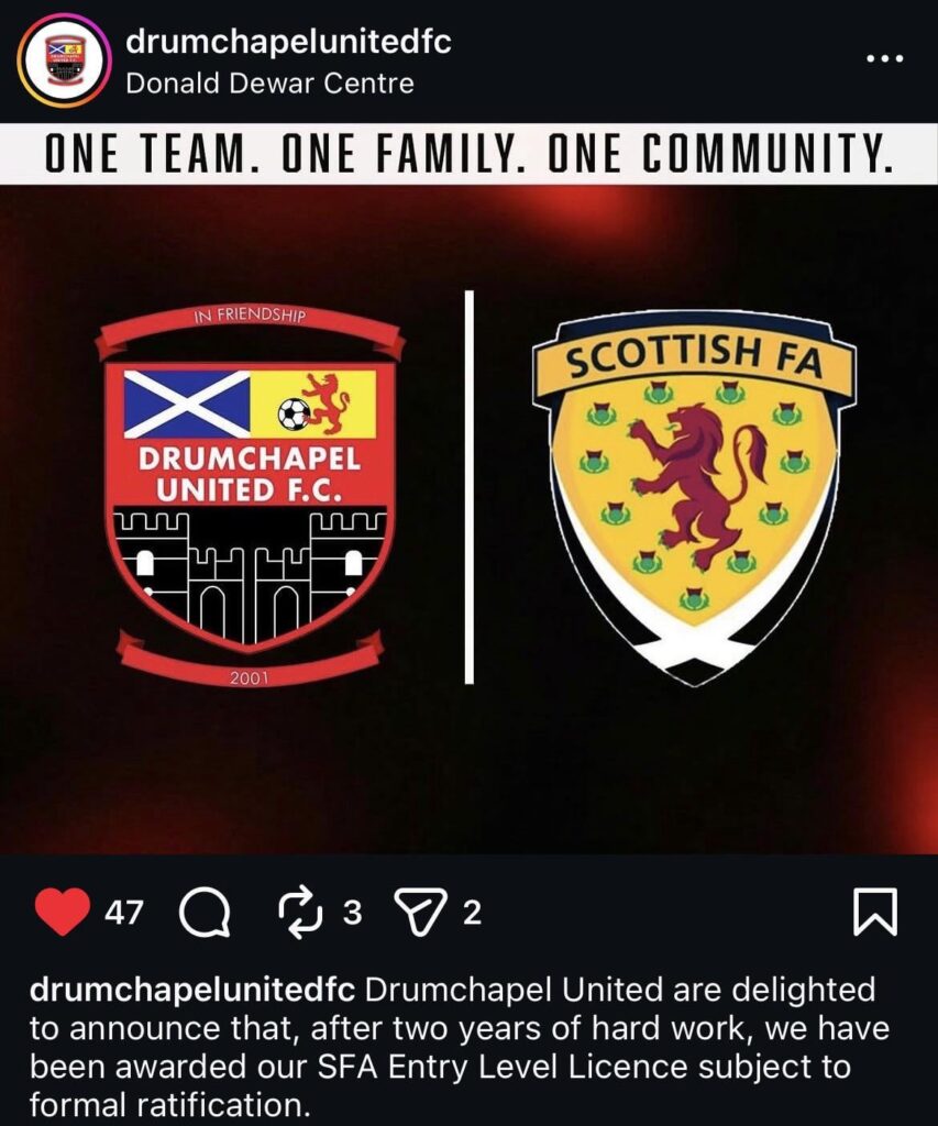 Drumchapel United announce that they will be granted an entry level SFA licence, making them eligible for promotion to the 5th tier