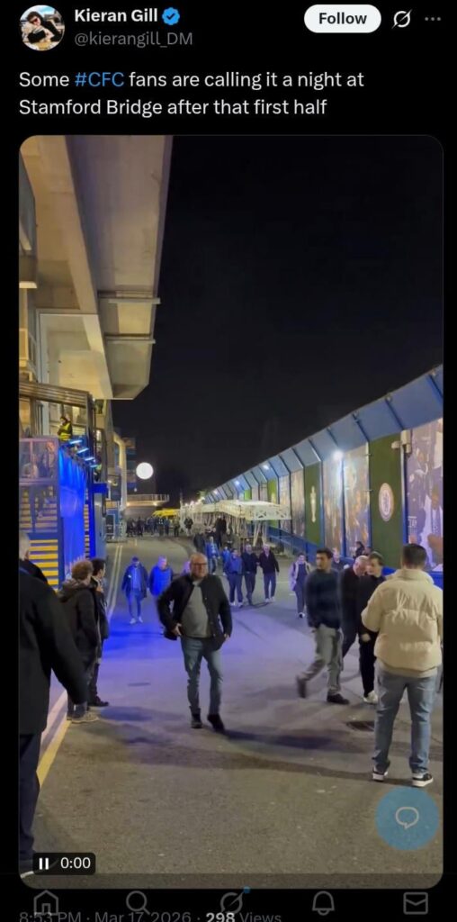 [Kieran Gill] Some #CFC fans are calling it a night at Stamford Bridge after that first half