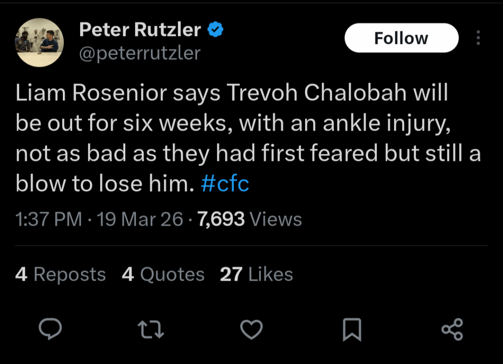 [Peter Rutzler] Liam Rosenior says Trevoh Chalobah will be out for six weeks, with an ankle injury, not as bad as they had first feared but still a blow to lose him.
