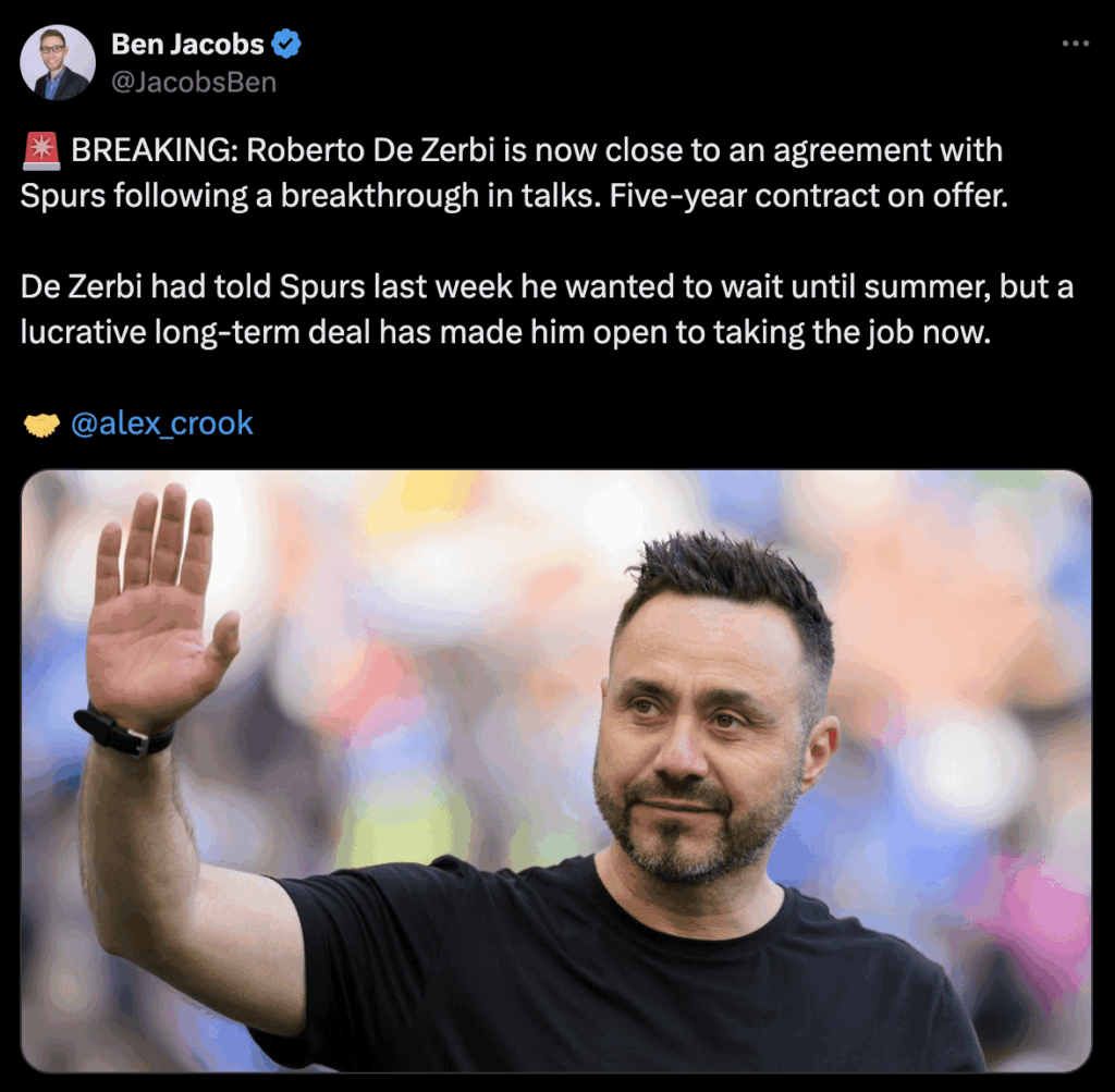 Roberto De Zerbi is now close to an agreement with Spurs following a breakthrough in talks. Five-year contract on offer. @JacobsBen