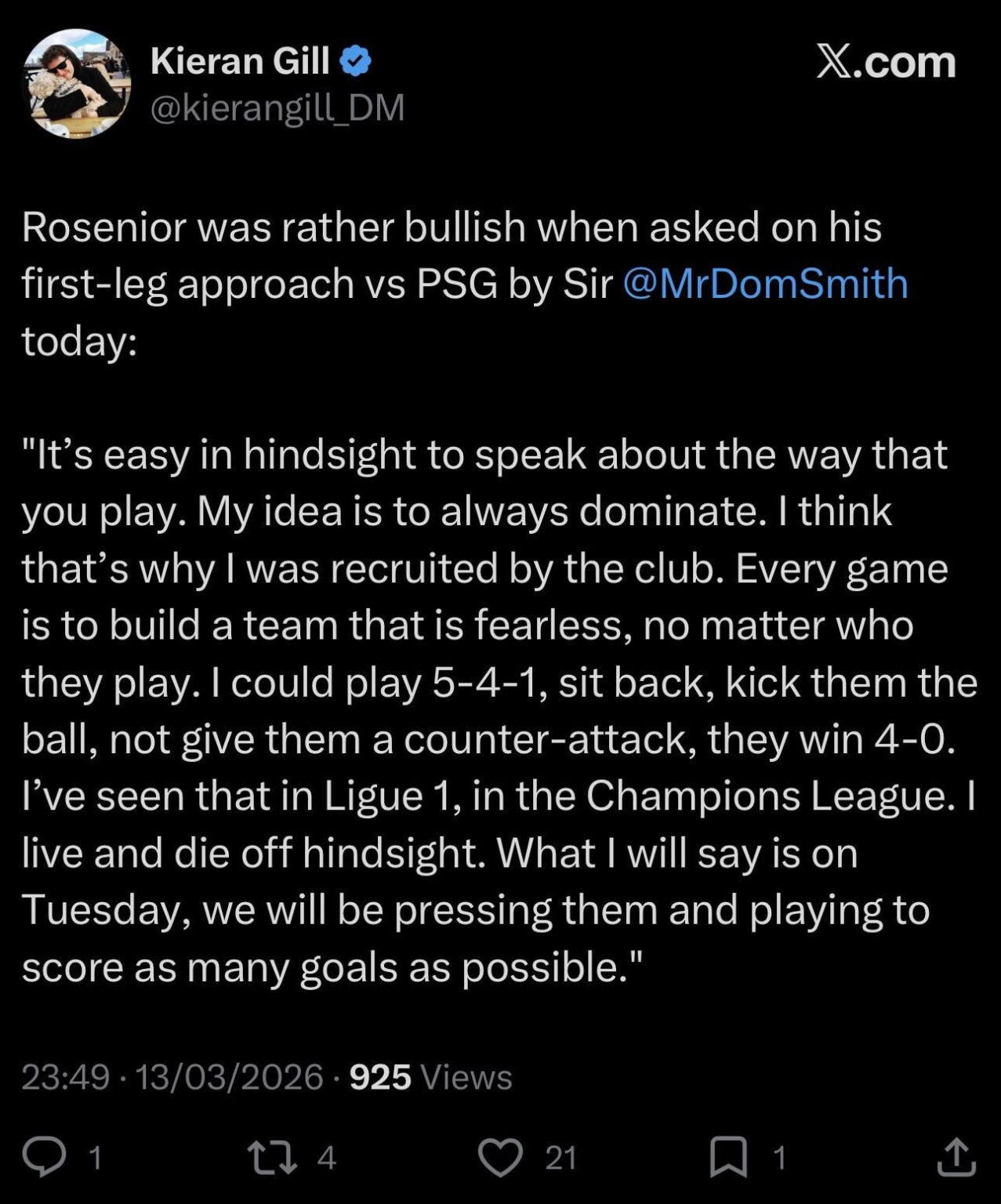 [Kieran Gill] Rosenior was rather bullish when asked on his first-leg approach vs PSG “It’s easy in hindsight to speak about the way that you play. My idea is to always dominate. I think that’s why I was recruited by the club. Every game is to build a team that is fearless, no matter who they play.