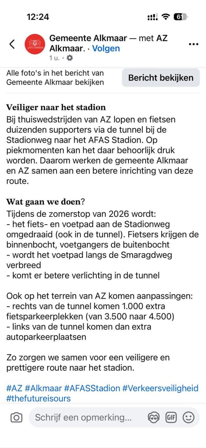 Aanpassing fietspad en stoep bij stadion AZ Alkmaar in de zomerstop van 2026