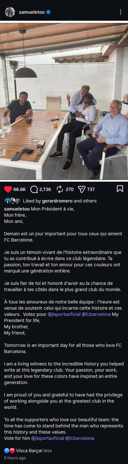 Samuel Eto'o Publishes Letter Inviting All Barça Members to Vote for Joan Laporta