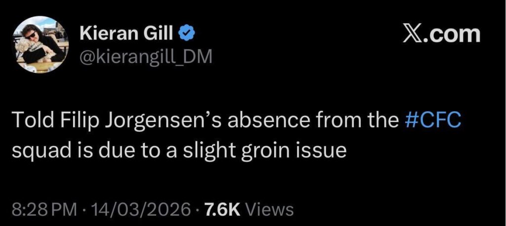 [Kieran Gill] Told Filip Jorgensen’s absence from the #CFC squad is due to a slight groin issue