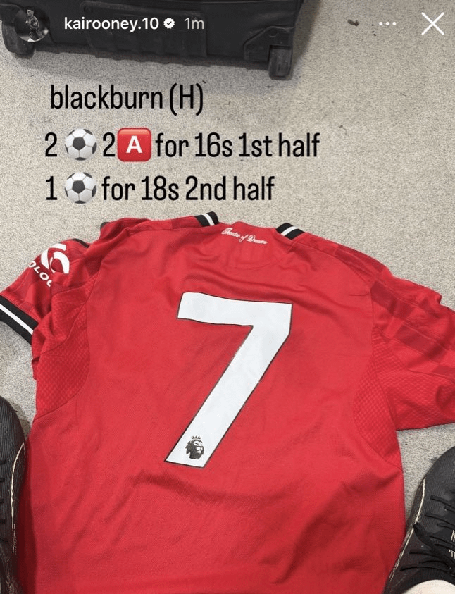 Kai Rooney on Instagram. Played for U16s first half, 2 goals & 2 assists. Came on for U18s 2nd half & scored a goal.