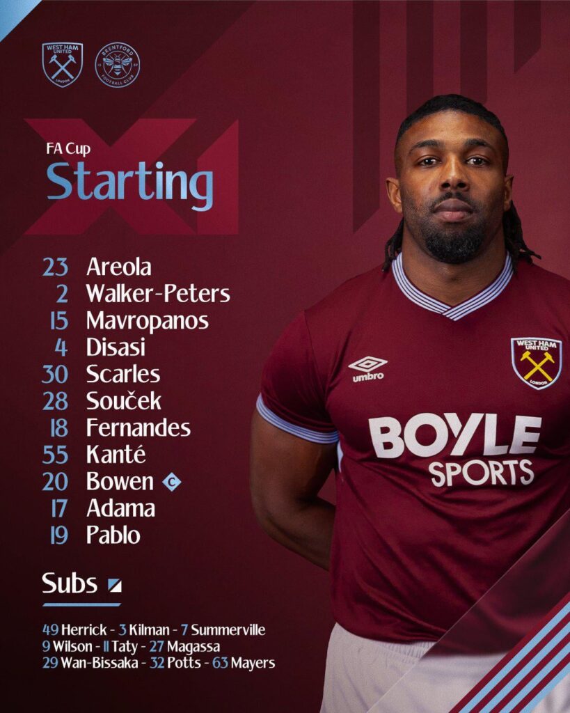 Line up for Brentford : Areola, KWP, Mavropanos, Scarles, Traoré, Kante and Pablo start