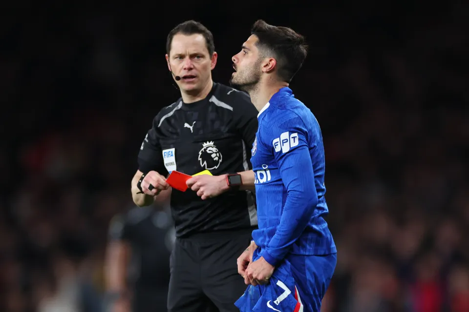 Chelsea's Pedro Neto reacts after receiving a red card
