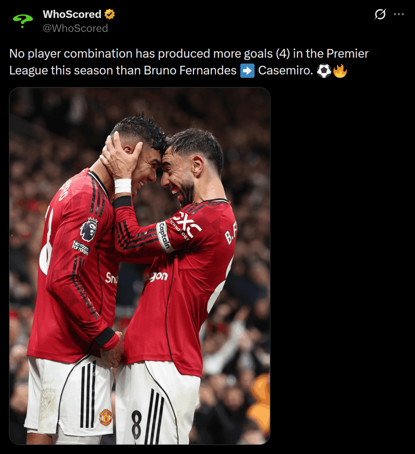 No player combination has produced more goals (4) in the Premier League this season than Bruno Fernandes ➡️ Casemiro. [WhoScored]