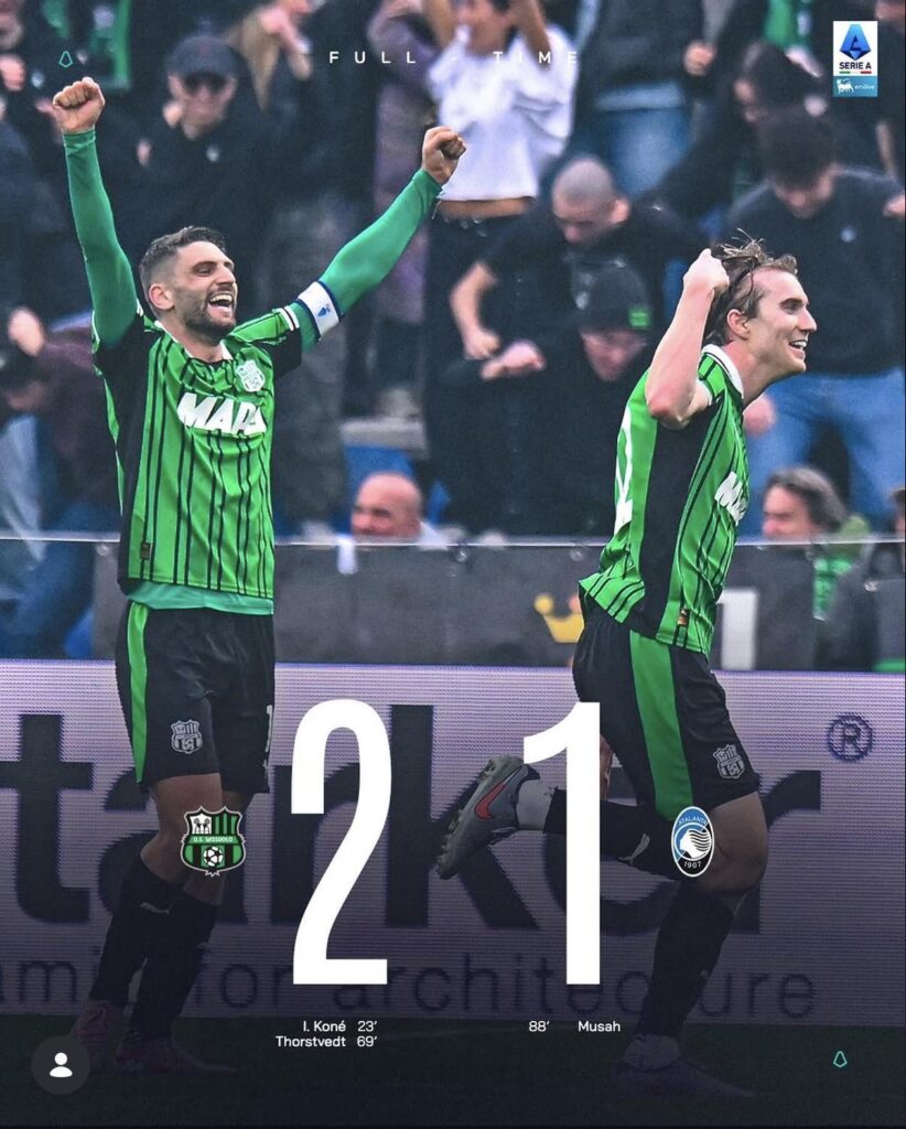 Sassuolo score 2 past Atalanta with 10 men in shocking defeat for Atalanta