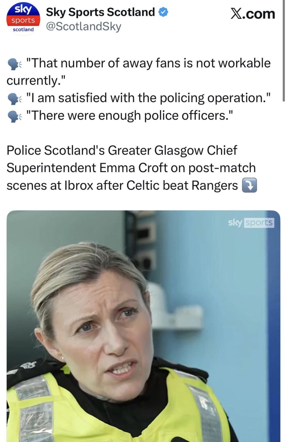 Police Scotland Chief Superintendent: 7,500 away fans is not workable, satisfied with policing operation in place