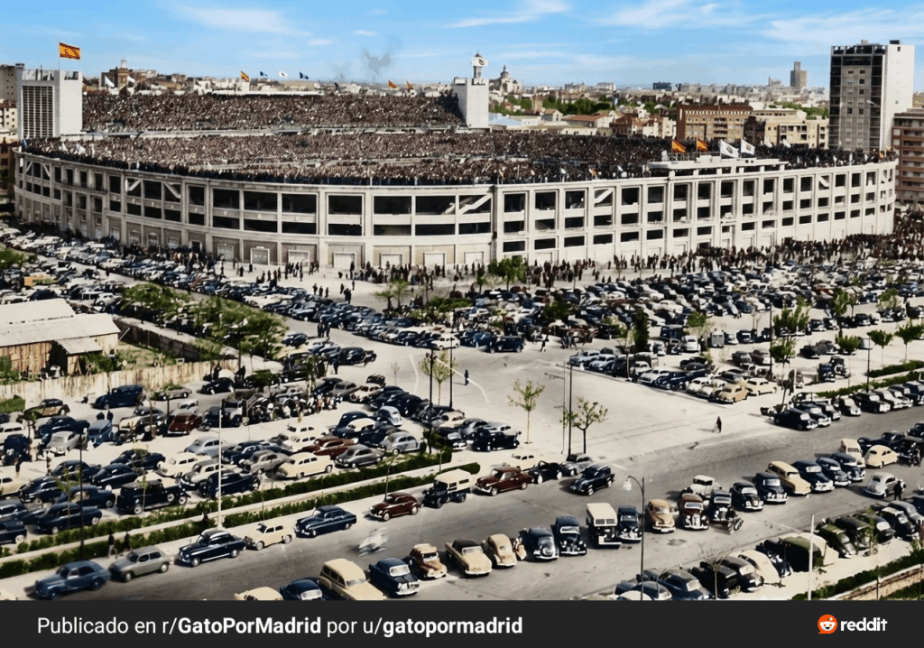 View of the Santiago Bernabéu Stadium in Madrid in 1955. Colorized.
