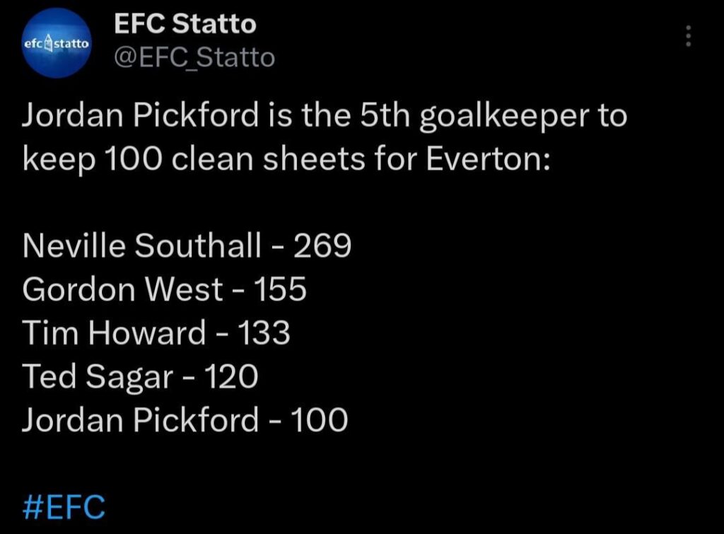 Pickford kept his 100th clean sheet for Everton