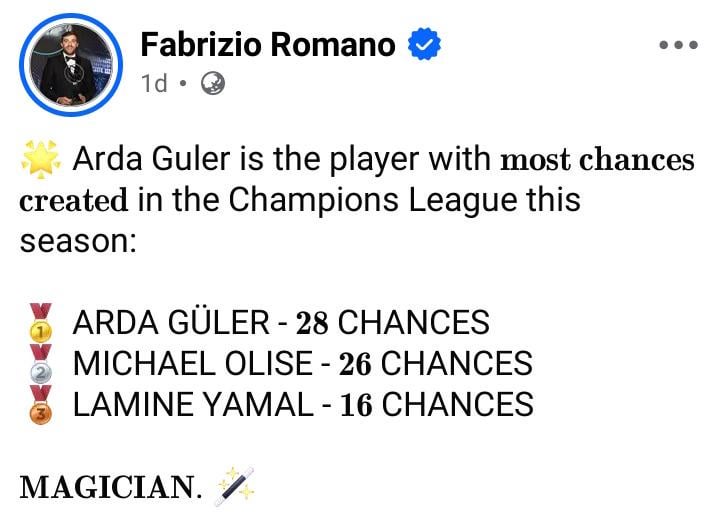 Arda Güler has created the most chances in the Champion's League this season, Also Fabrizio can't stop glazing Yamal 😂