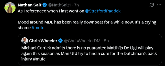 [Nathan Salt] Mood around De Ligt at Carrington has been downbeat for a while now. Not been positive noises for some time.