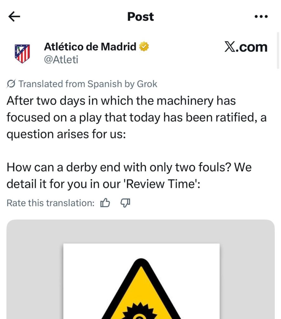 Atletico Madrid posts a complaint about the Referee Performance on X