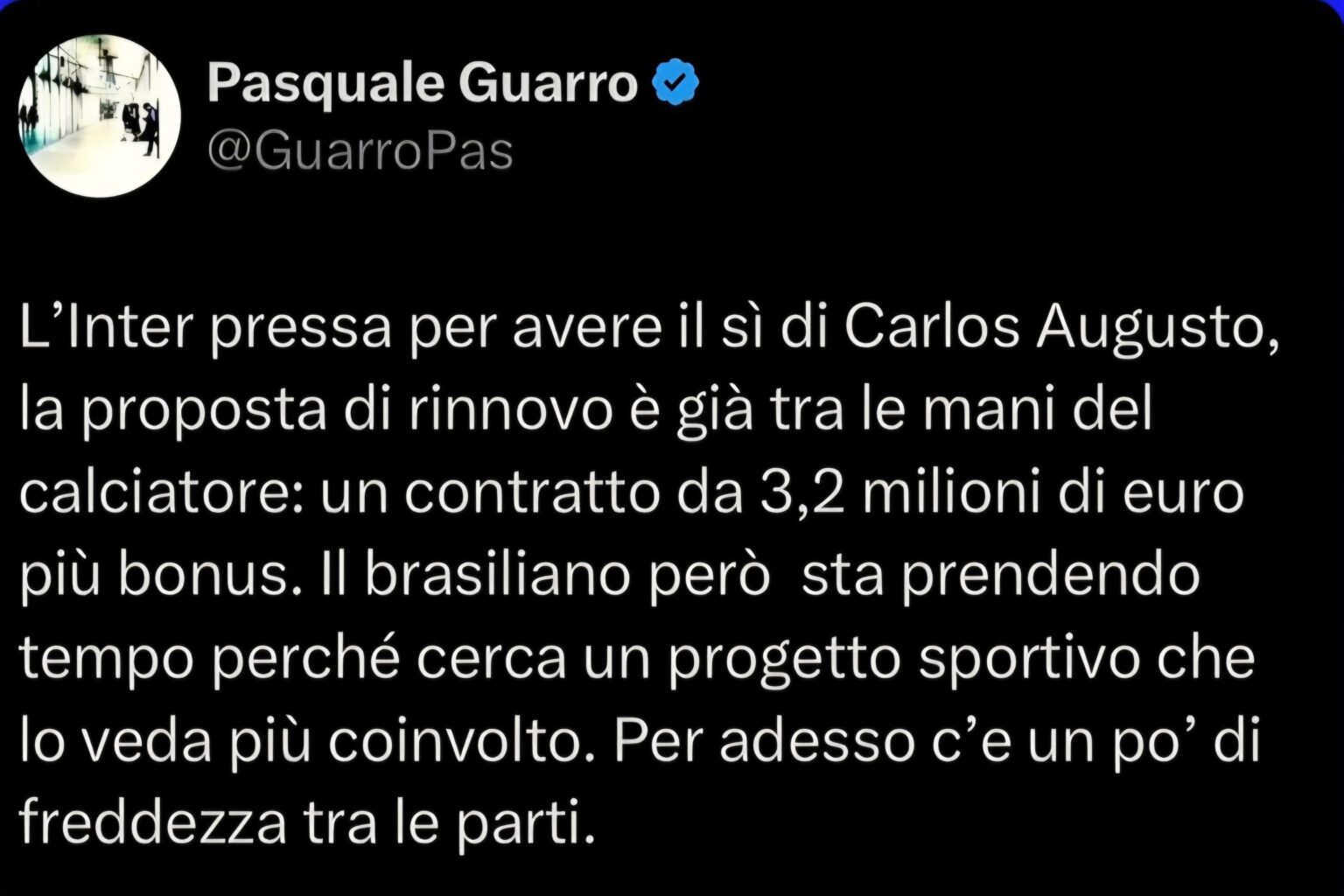 Inter are pushing to get Carlos’s approval. The club has already put a contract renewal offer in the player’s hands: €3.2m/year + bonuses. The Brazilian is taking his time, as he’s looking for a sporting project where he would be more involved. For now, there is a bit of coolness between the parties