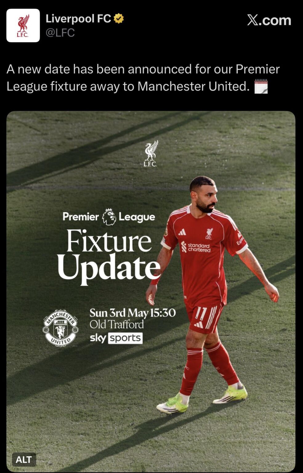 [LFC] A new date has been announced for our Premier League fixture away to Manchester United. 🗓️