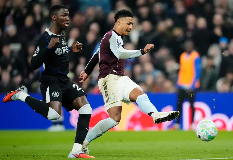 Aston Villa's Ollie Watkins scores before the goal is disallowed for offside after a VAR check