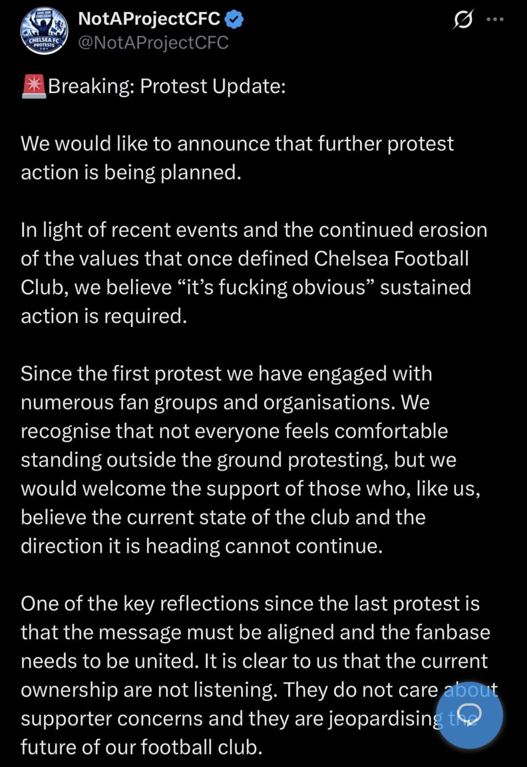 NotAProjectCFC: We would like to announce that further protest action is being planned. One of the key reflections since the last protest is that the message must be aligned and the fanbase needs to be united. It is clear to us that the current ownership are not listening.