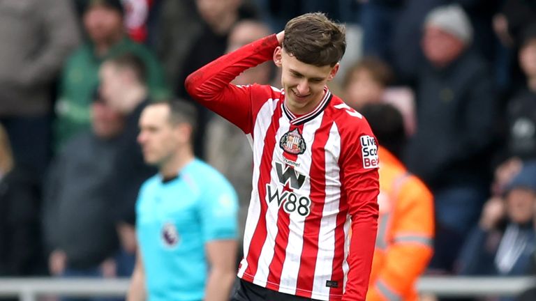 Sunderland's Chris Rigg reacts after his goal is ruled out by VAR for offside