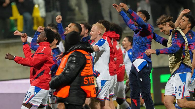 Crystal Palace players celebrate winning the Conference League round of 16 second leg soccer match between AEK Larnaca and Crystal Palace.