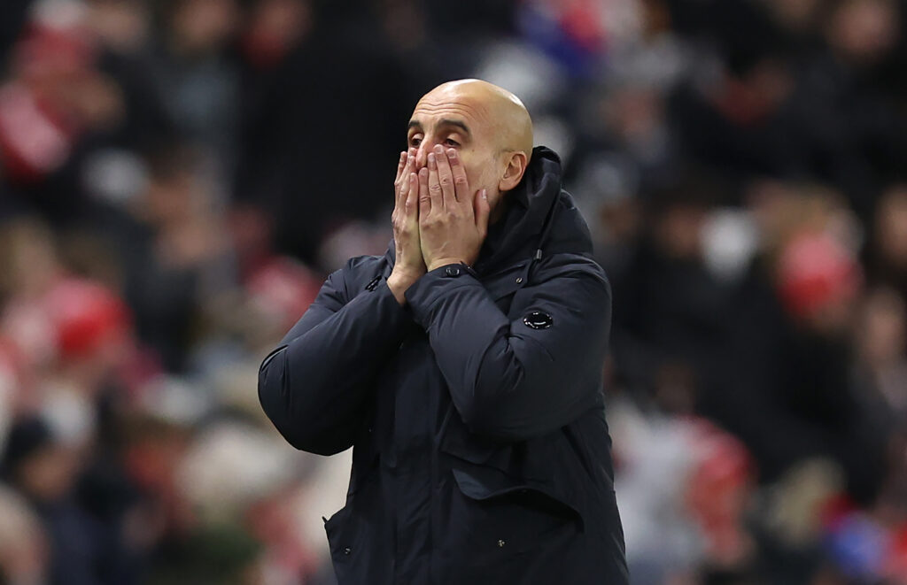SUNDERLAND, ENGLAND - JANUARY 01: Pep Guardiola, Manager of Manchester City, reacts during the Premier League match between Sunderland and Manchester City at Stadium of Light on January 01, 2026 in Sunderland, England. (Photo by George Wood/Getty Images)