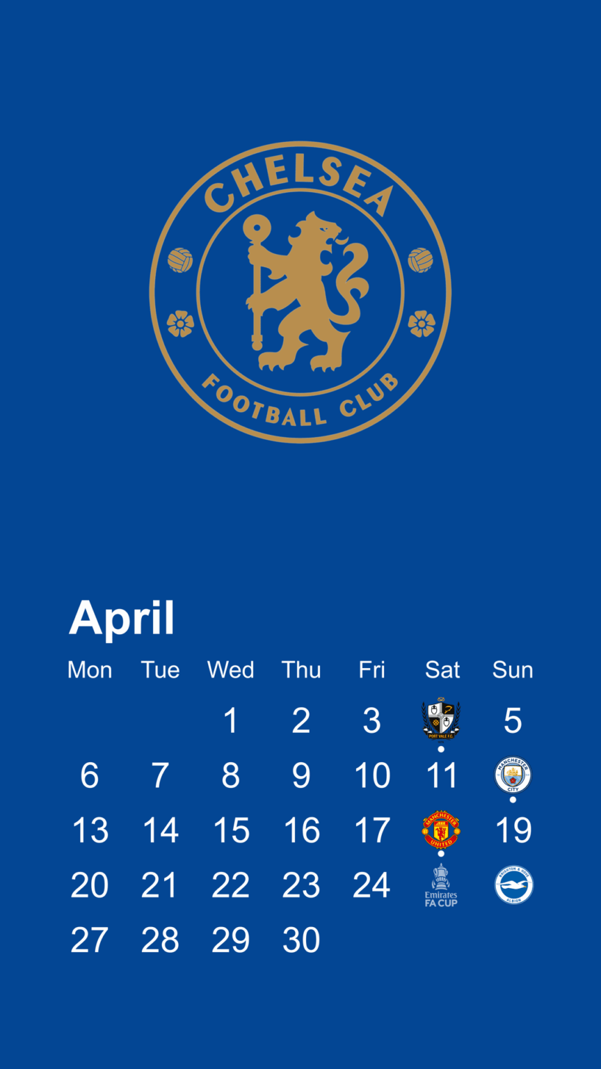 Matchday calendars for April. More wallpapers (1290 x 2796 px) and with the CWC winners badge can be found in the comments. The Brighton match on the 26th will be moved if we qualify for the FA cup semis - I will try to post an updated calendar when we know more.