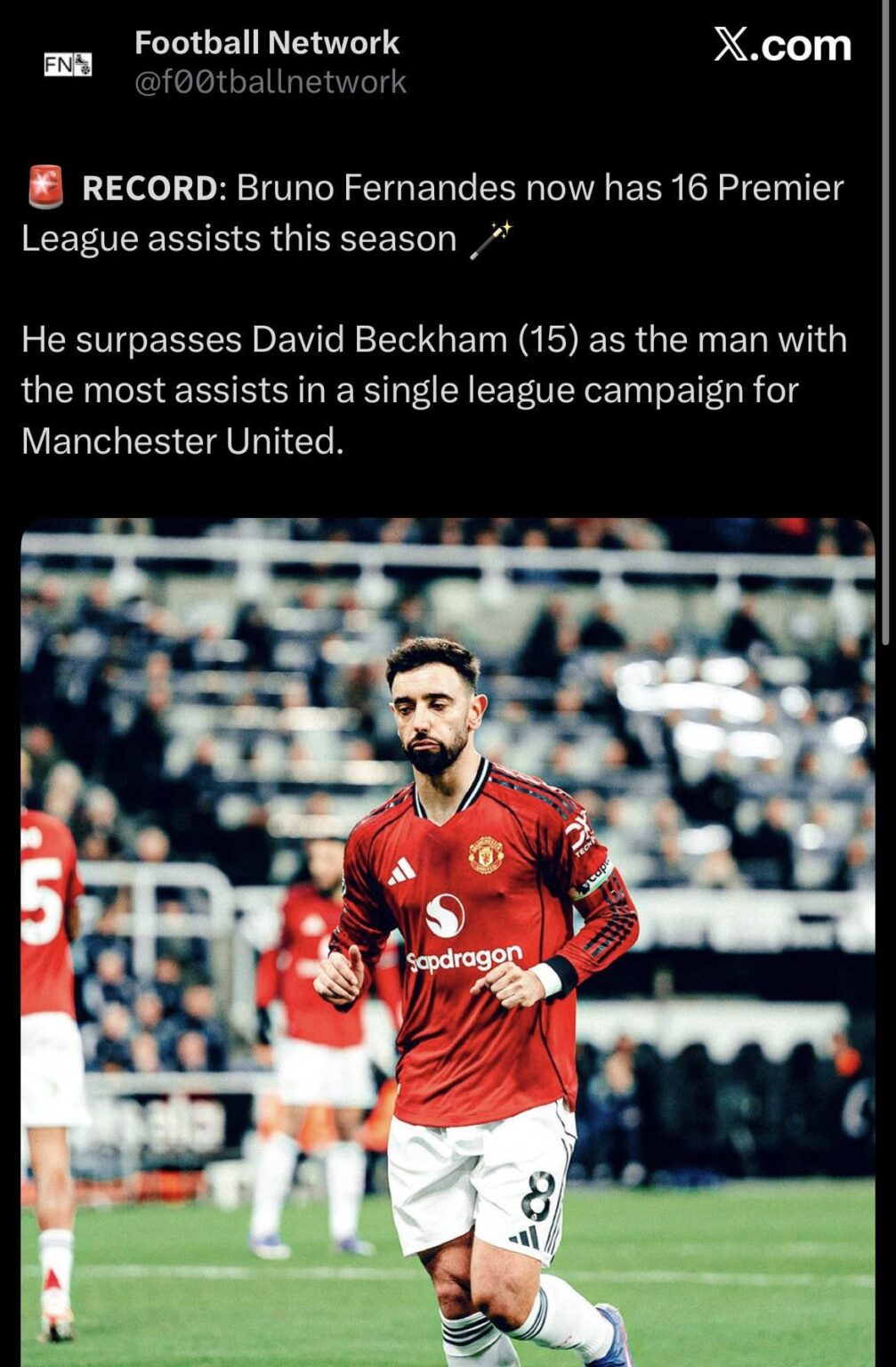 Bruno Fernandes now has 16 assists in the Premier League this season, he surpasses Beckham as the man with the most assists in a single league campaign for Manchester United.